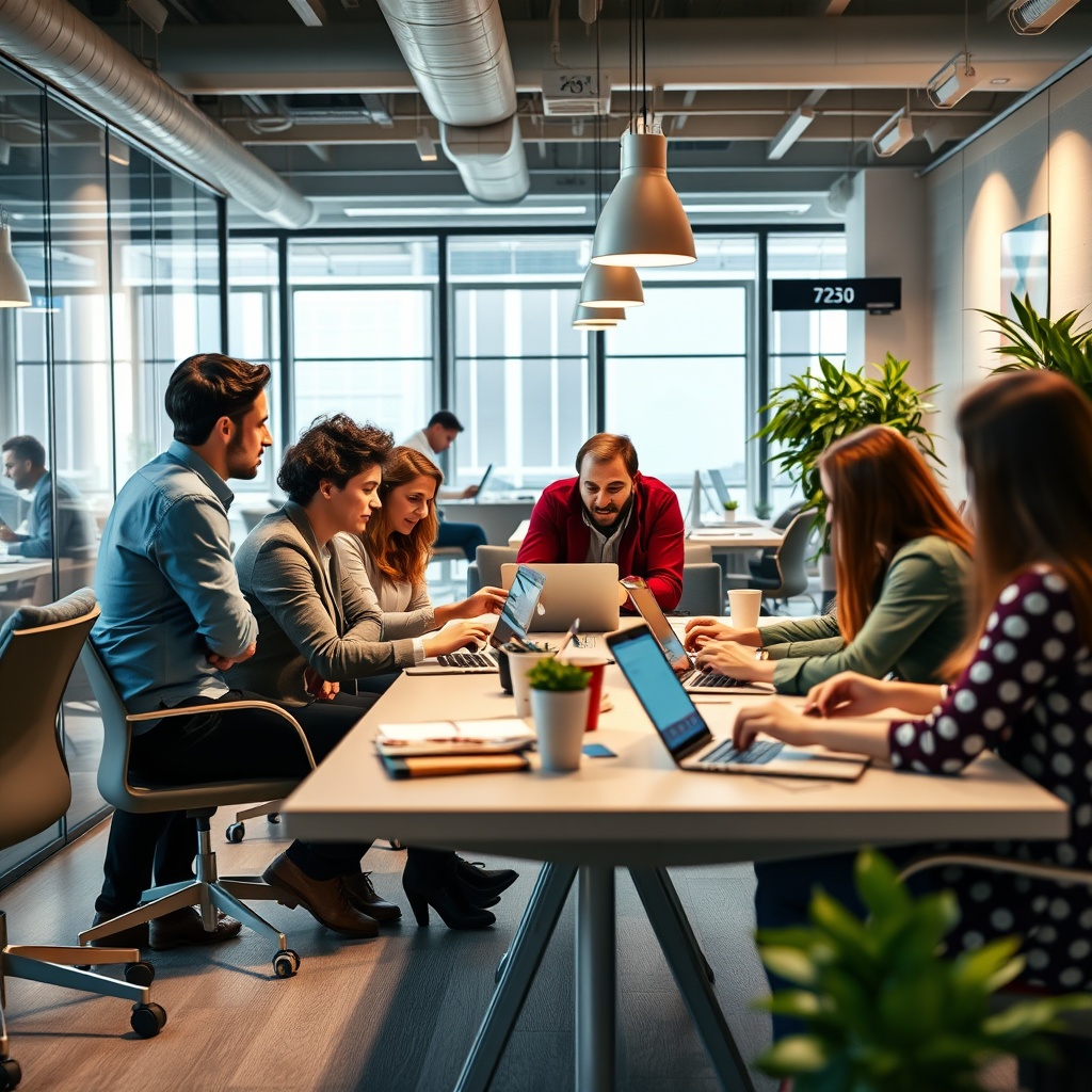 A dynamic scene of FinTech startups collaborating in a modern office, symbolizing opportunities and challenges in the EU's digital finance landscape.