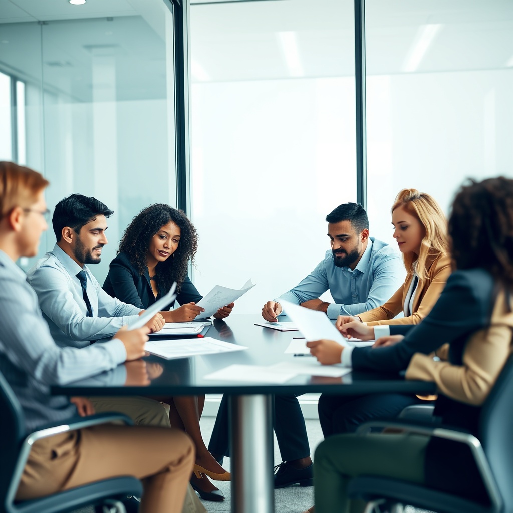 A professional stock photo depicting a regulatory compliance meeting in a modern office setting, with diverse team members discussing documents, symbolizing the adherence to financial regulations.