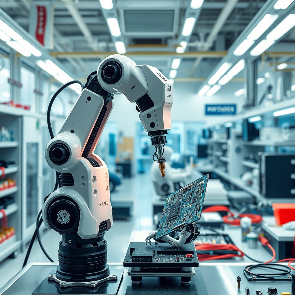 A futuristic robotic arm assembling a circuit board in a high-tech Japanese laboratory, symbolizing Japan's advancements in AI and robotics.