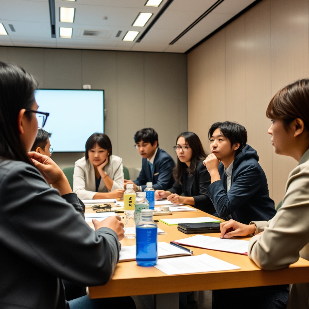 A diverse group of Japanese professionals engaging in a workshop on AI and workforce development, highlighting the impact of AI on employment and upskilling.