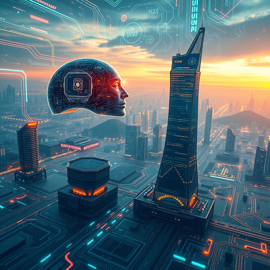 A futuristic image showcasing the synergy between AI and semiconductor technologies in Taiwan, with a focus on innovation and strategic positioning in the global tech landscape.