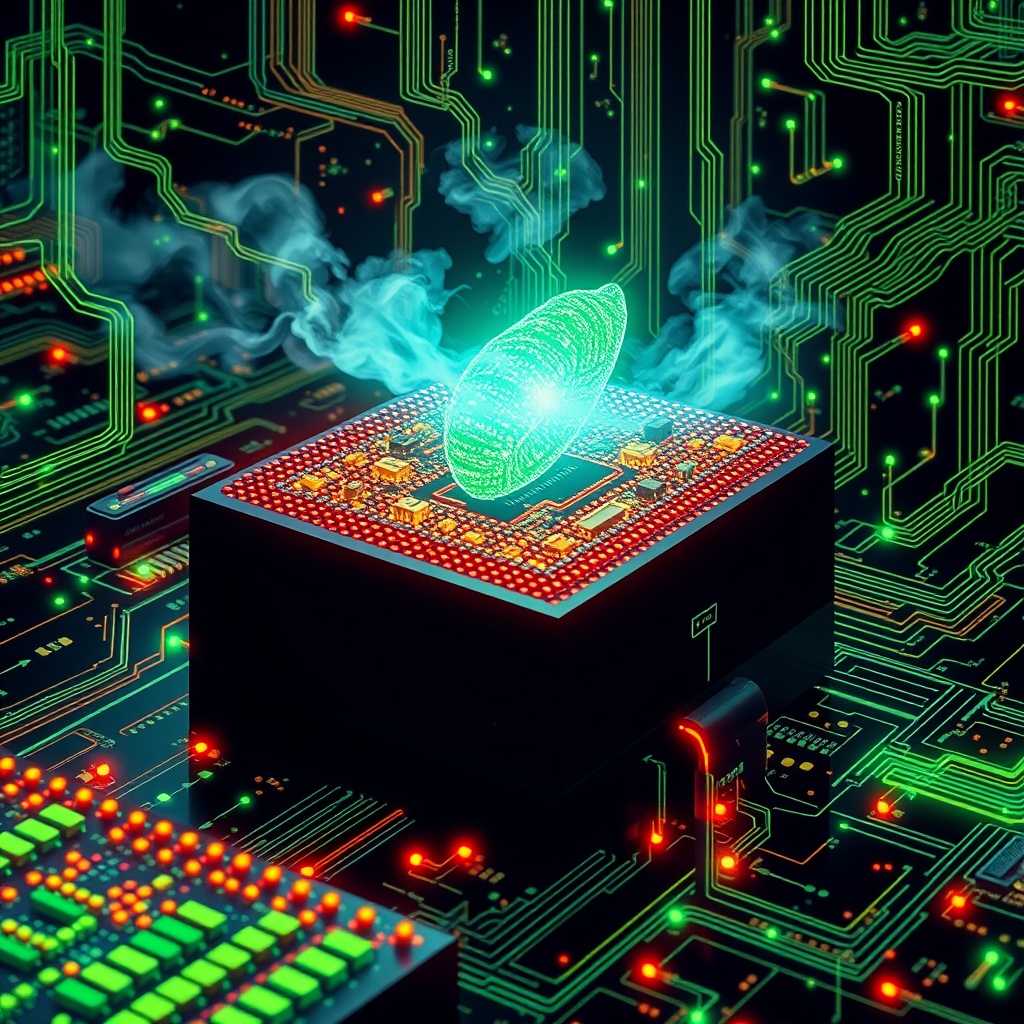 A visually striking image representing sustainability and AI in semiconductor production, focusing on reducing environmental impact and improving energy efficiency in Taiwan.