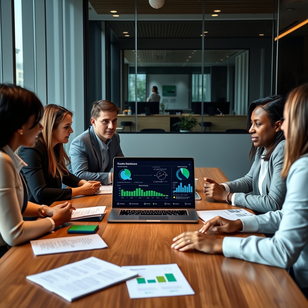 A professional stock photo featuring a diverse group of business professionals discussing sustainable finance strategies around a modern conference table, with documents and a laptop displaying ESG metrics.