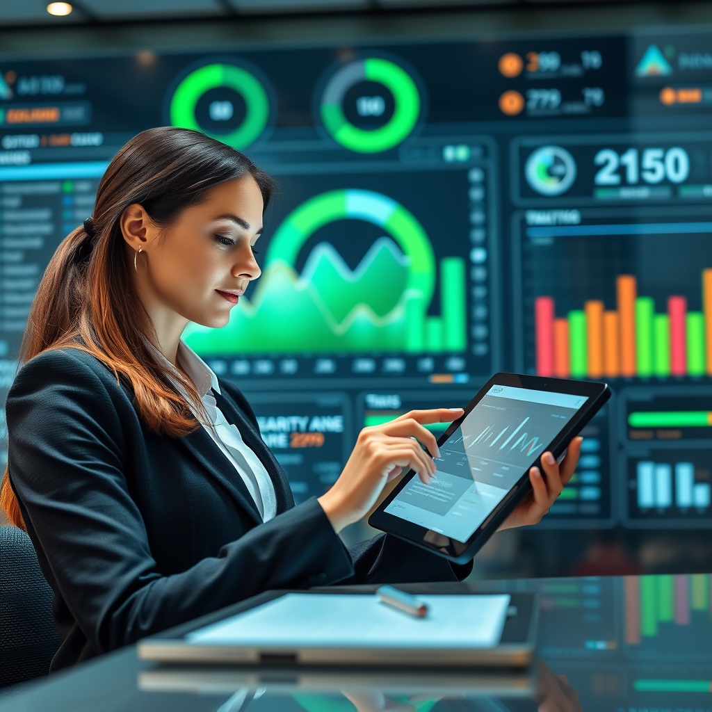 A high-quality stock image of a businesswoman analyzing ESG compliance data on a digital tablet, with a futuristic dashboard displaying sustainability metrics in the background.