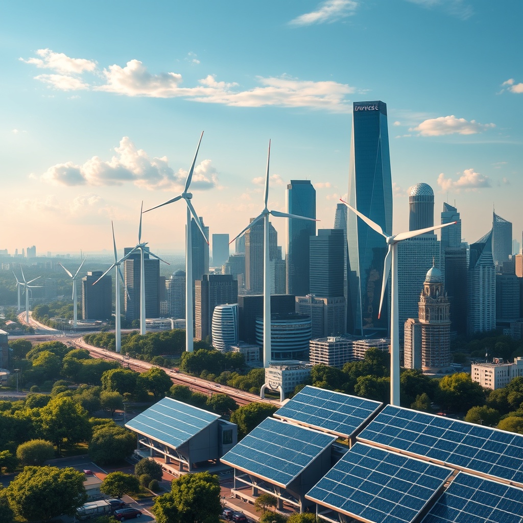 A professional stock photo depicting a futuristic cityscape with green energy solutions like wind turbines and solar panels, symbolizing the future of ESG and sustainable finance.