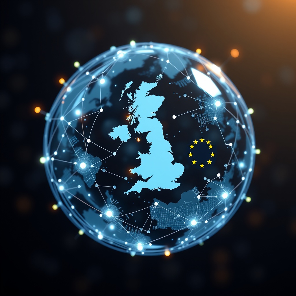 A globe with digital connections highlighting the UK and EU, symbolizing the global dash to regulate AI and the UK's position in the international AI landscape.