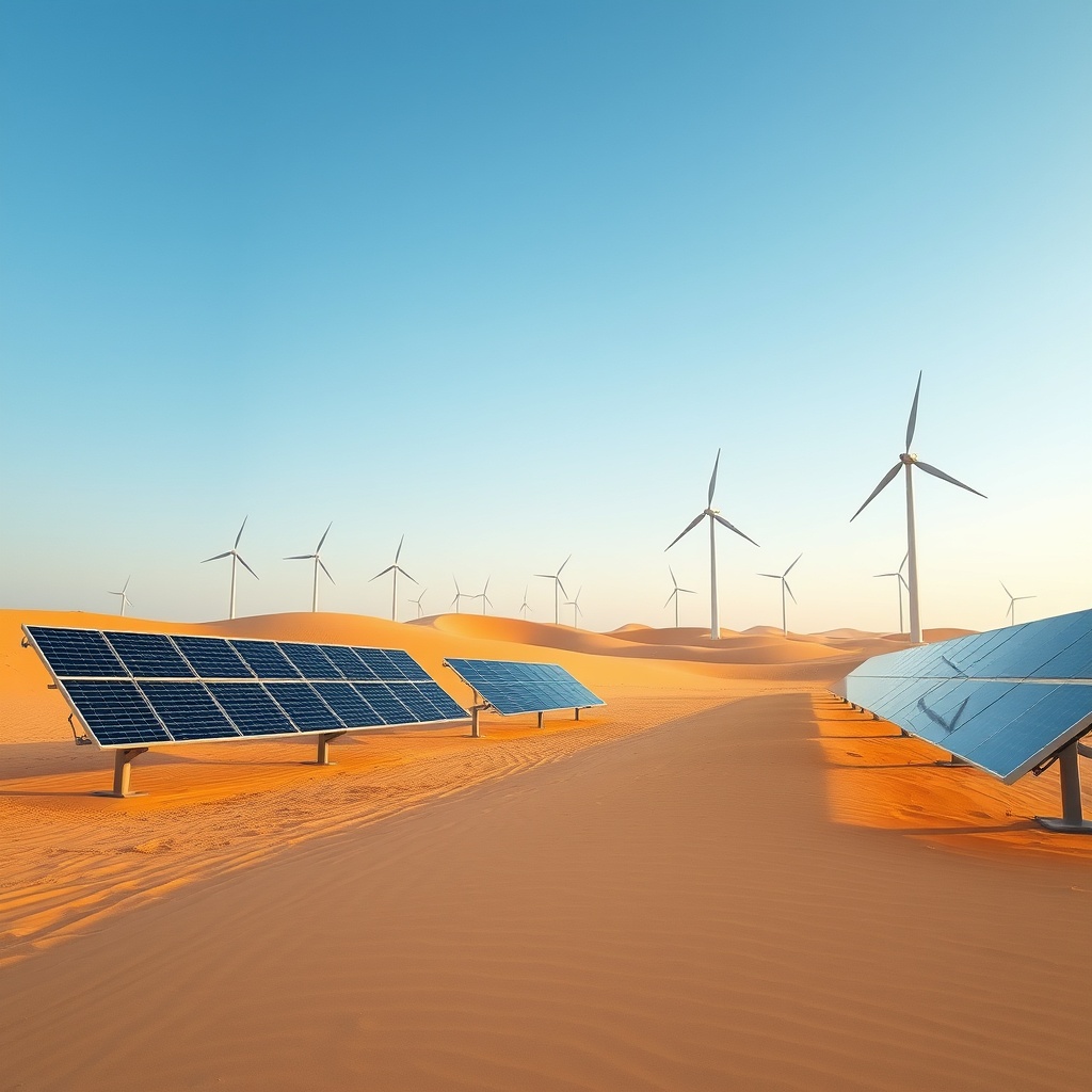 A serene desert landscape with solar panels and wind turbines, showcasing sustainable development and AI's role in environmental conservation in the UAE.