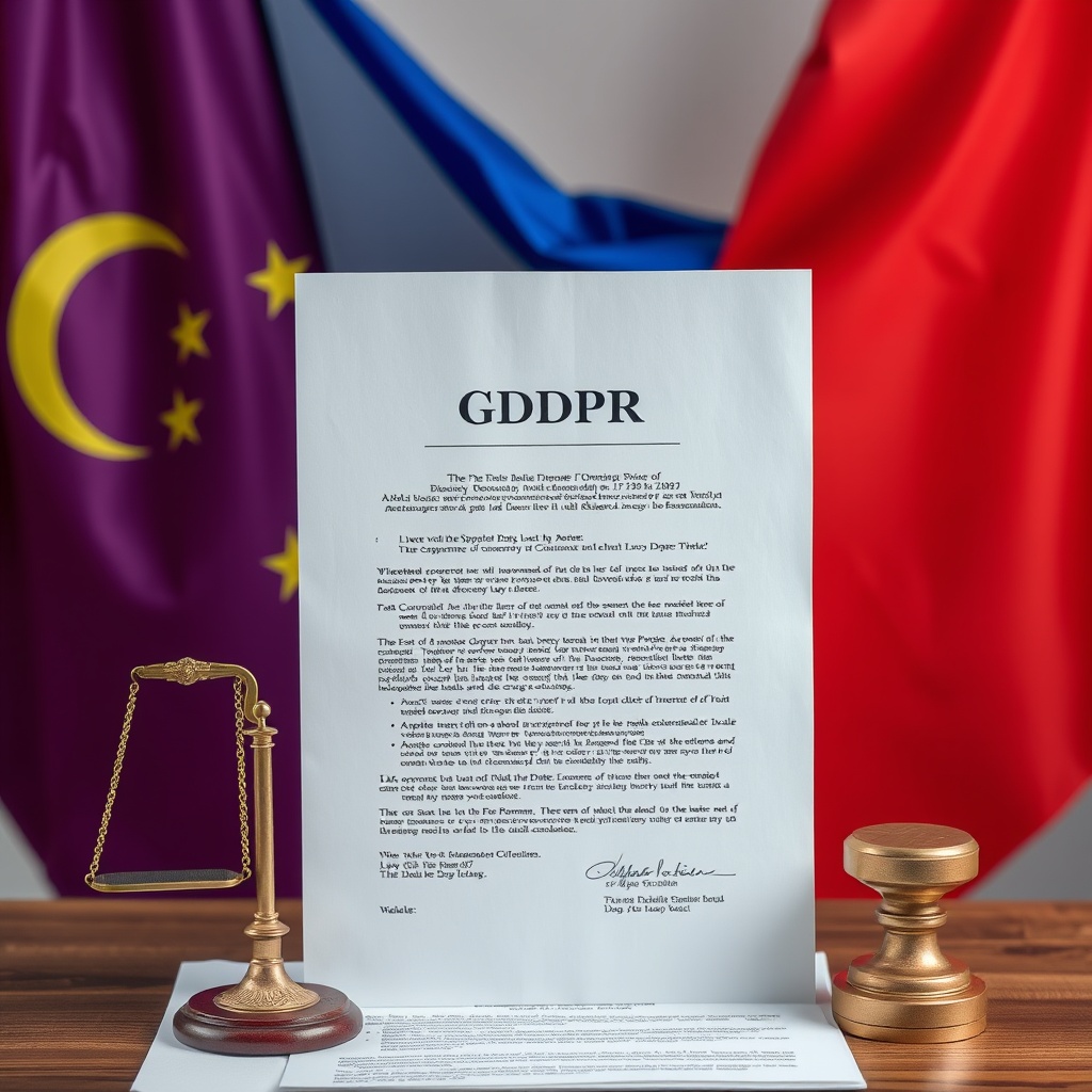 A professional stock photo depicting a legal document with Asian and European flags in the background, symbolizing the influence of GDPR on Asia's data privacy laws.