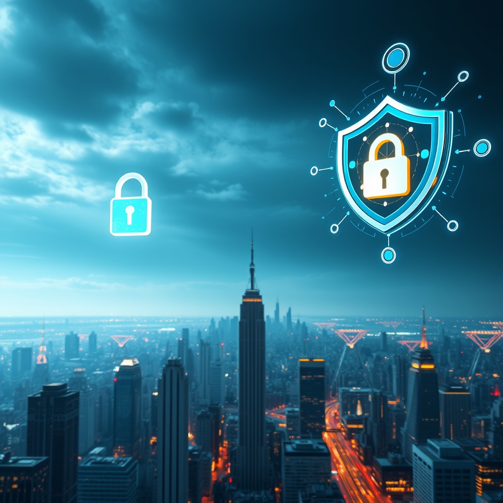 A high-quality stock image showing a futuristic cityscape with digital locks and shields floating above, representing the balance between FinTech innovation and regulatory compliance.