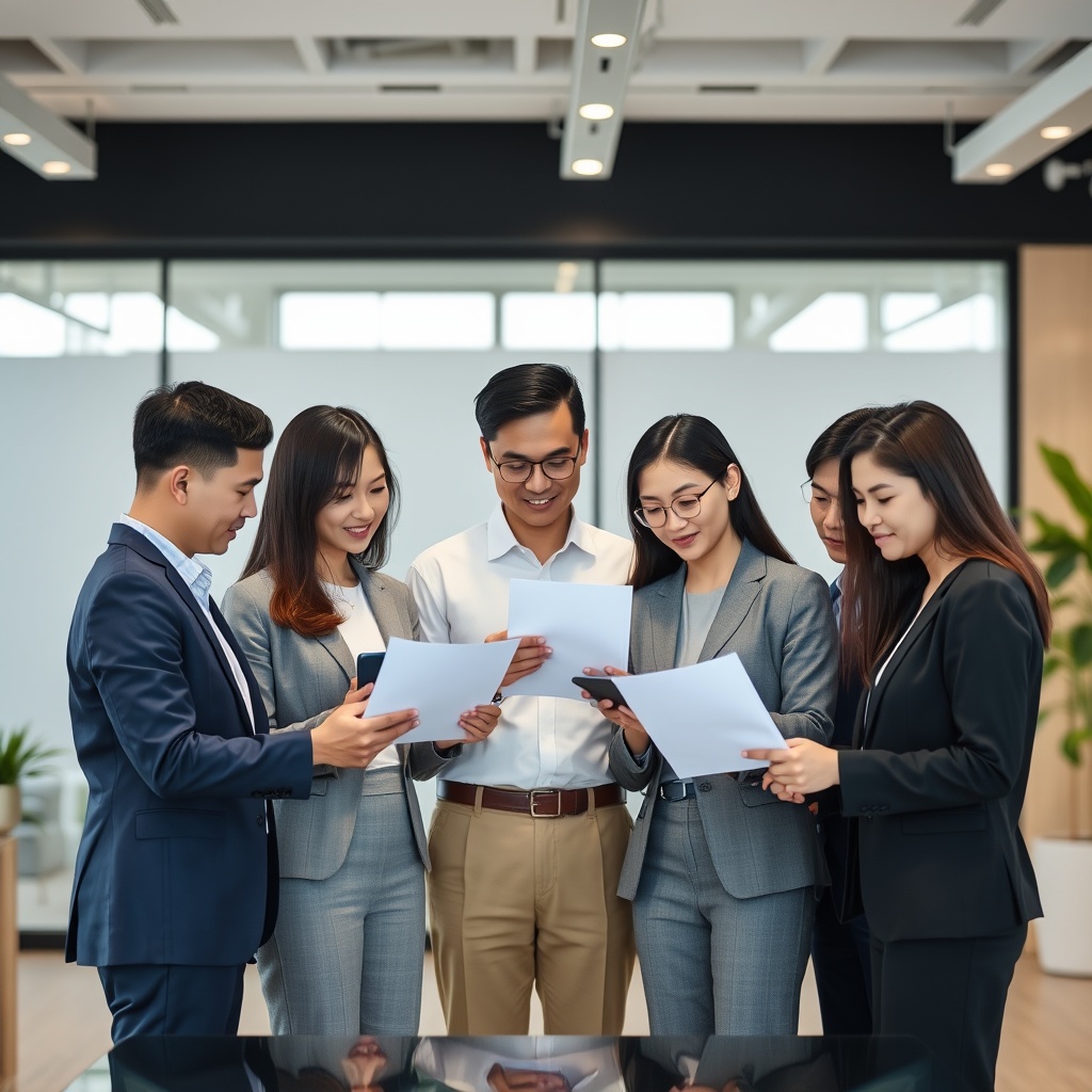 A professional stock photo of a diverse group of business professionals in a modern office, reviewing compliance documents, symbolizing successful compliance strategies in Asian FinTech.