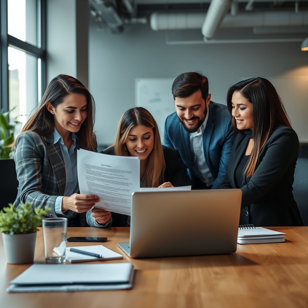 A professional workspace with diverse team members reviewing compliance documents on a laptop, representing compliance roles and responsibilities under UK AI regulations.