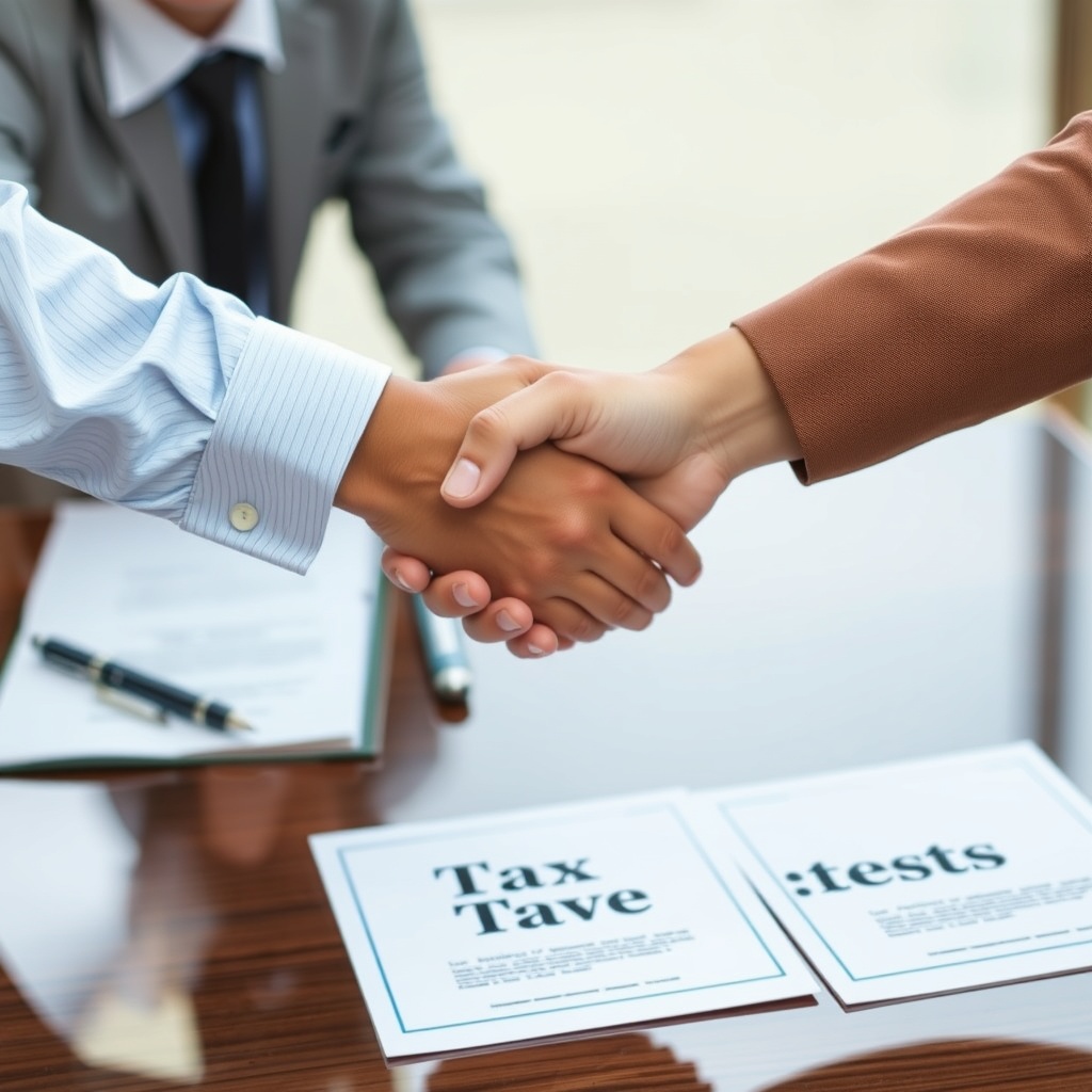 A professional image of a handshake between two business people over a table with documents labeled 'Tax Treaties' in the background, symbolizing international agreements and cooperation.