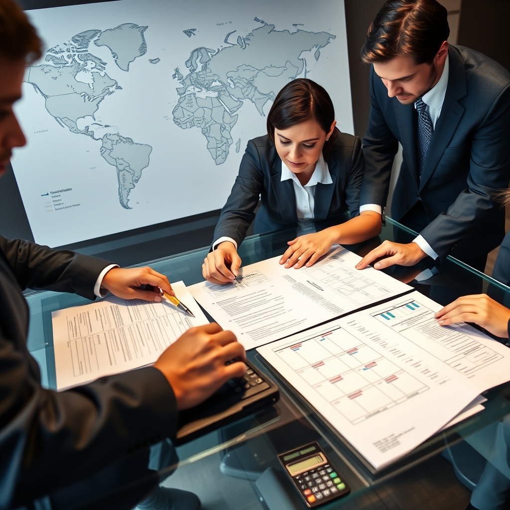 An engaging image of a team of professionals analyzing case study documents on a glass table, with a world map and calculator in the background, highlighting successful international tax structuring.