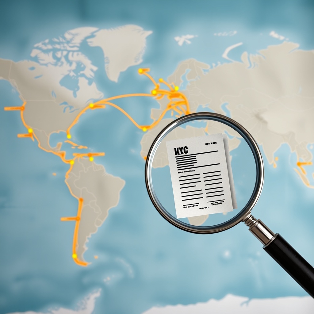 A global map with highlighted international transaction routes and a magnifying glass focusing on compliance documents, representing cross-border AML/KYC challenges.