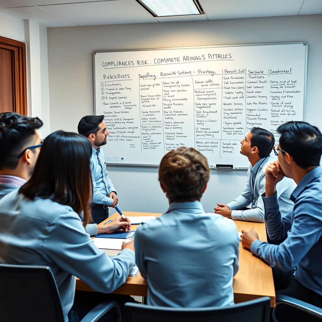 A team of compliance officers in a meeting room discussing strategies, with a whiteboard full of risk assessment notes, highlighting common pitfalls in AML/KYC implementation.