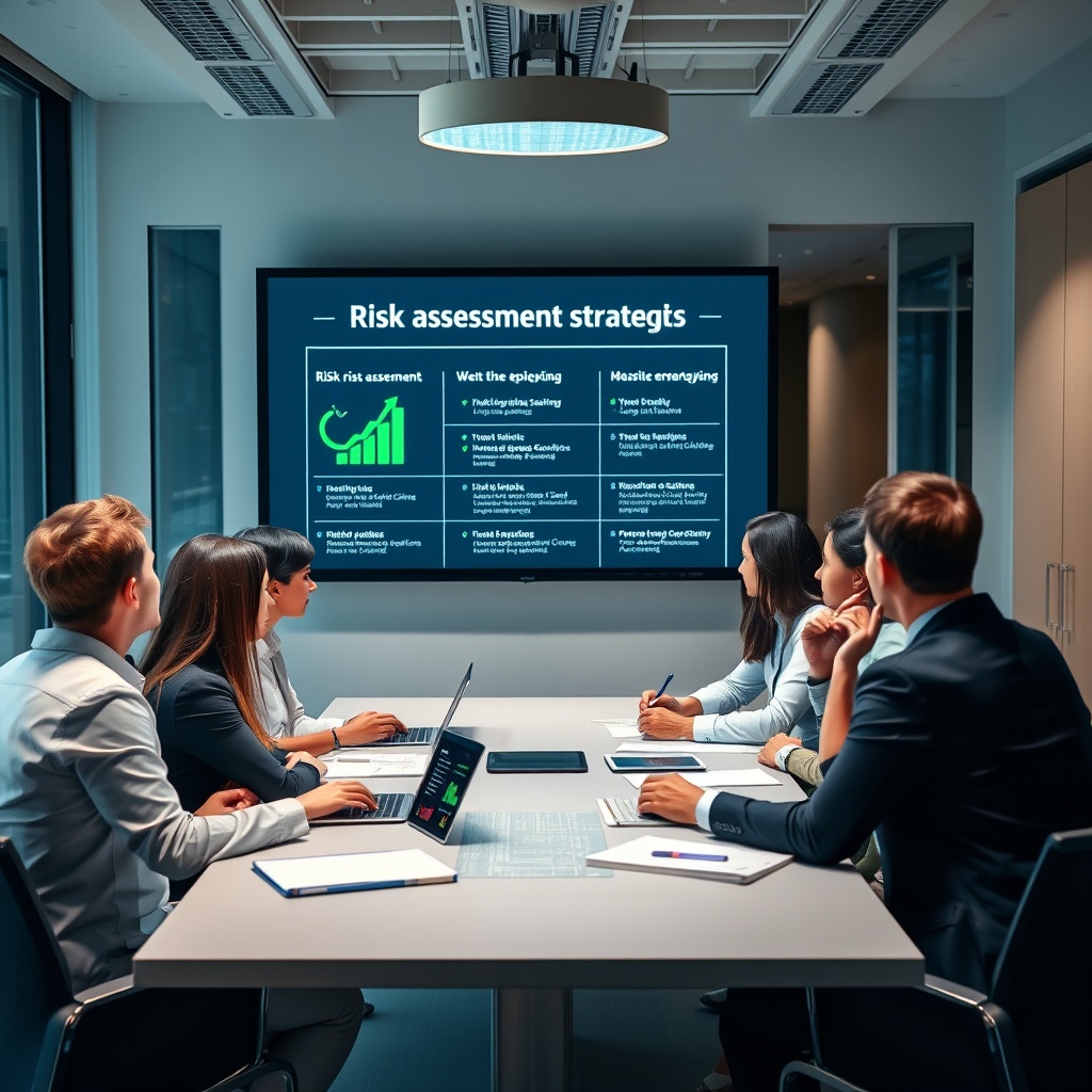 A professional meeting in a modern office with a diverse team discussing risk assessment strategies on a digital screen, symbolizing effective risk management for AML & CTF compliance.