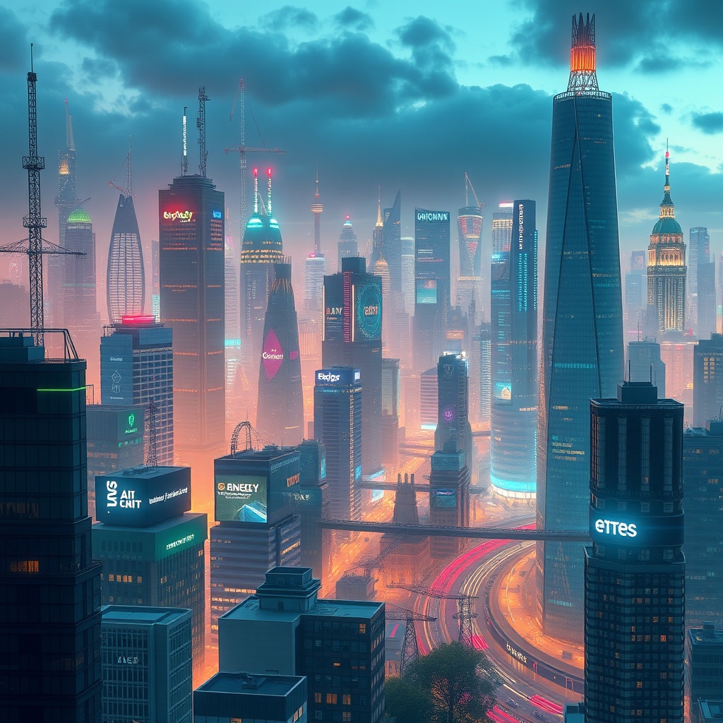 A futuristic cityscape with AI technology integrated into various industries, illustrating the impact of AI regulation on UK industries and their adaptation to changes.