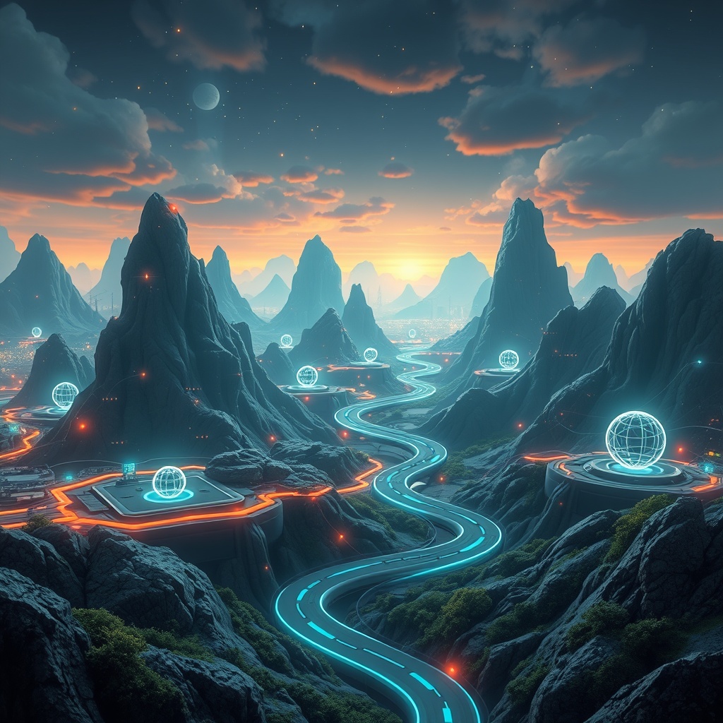 A futuristic digital landscape with emerging technologies like AI and blockchain, representing future trends and regulatory changes in AML & CTF compliance for fund managers.