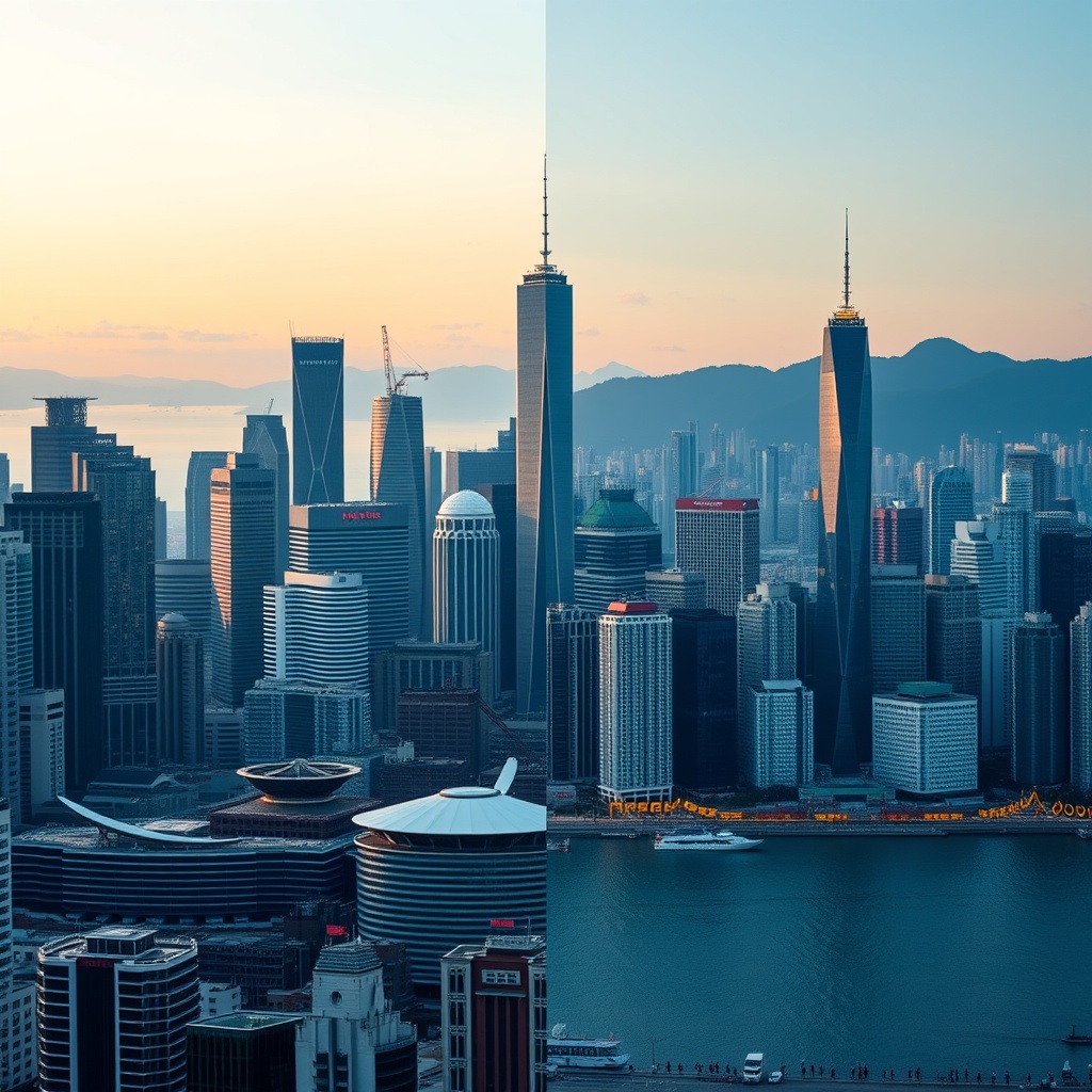 A professional stock photo depicting a side-by-side comparison of two city skylines, representing Singapore and Hong Kong, with a focus on their financial districts to symbolize the comparative analysis of FinTech licensing frameworks.