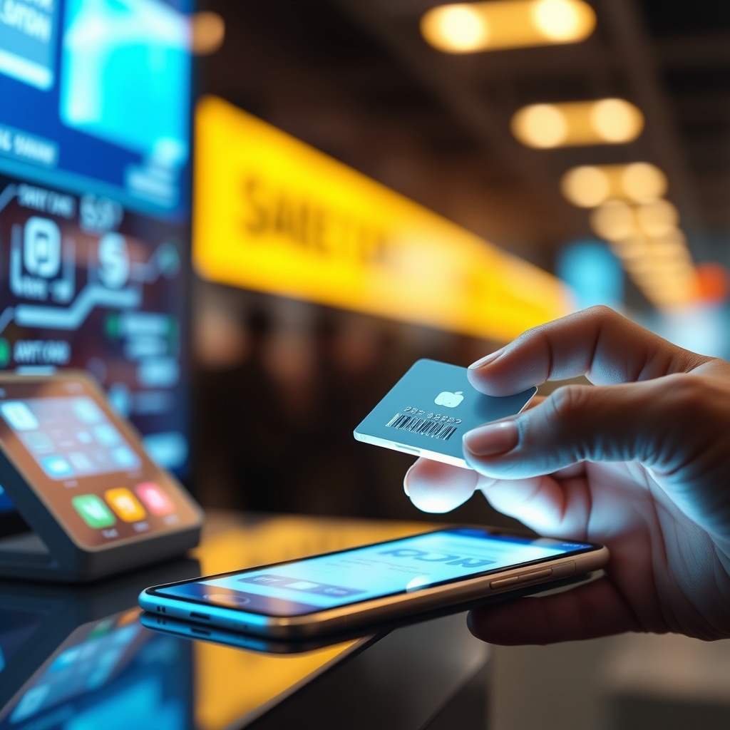 A high-quality stock image showing a futuristic digital payment transaction being made on a smartphone, highlighting the innovation and technology behind payment services and e-money licensing in FinTech.