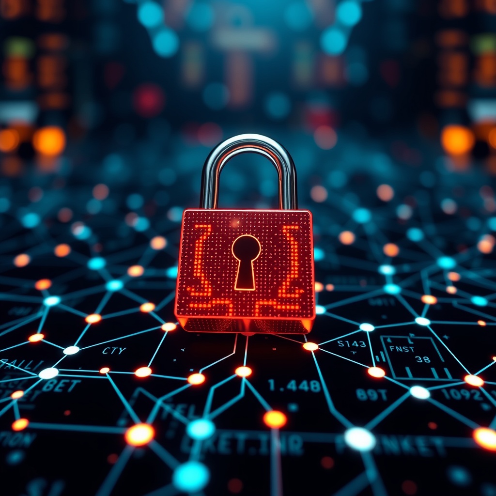 An engaging stock photo illustrating a secure digital lock over a network of financial transactions, symbolizing the importance of AML/CTF regulations and compliance in the FinTech industry.