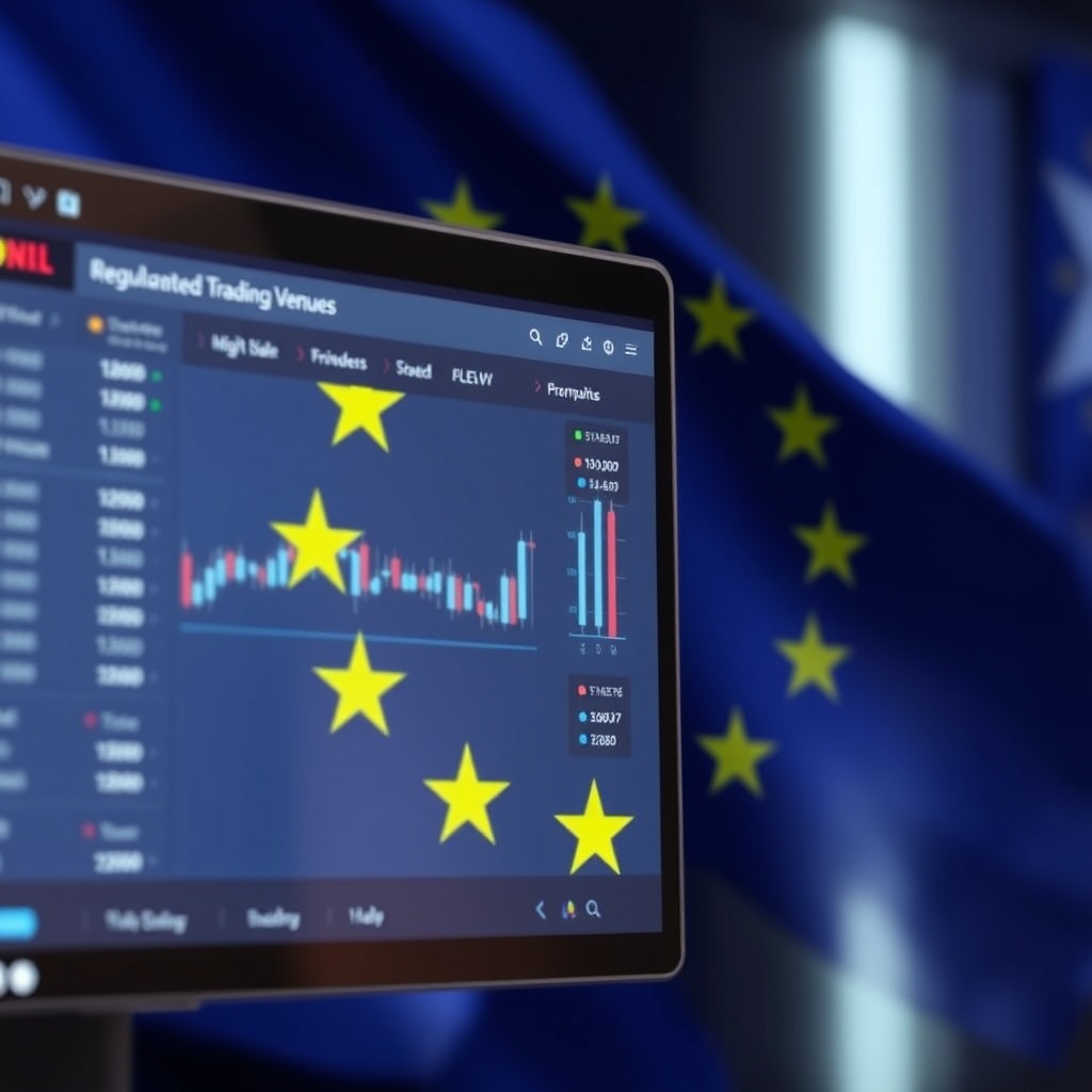 A modern digital asset trading platform interface with a European flag in the background, symbolizing regulated trading venues in Europe.
