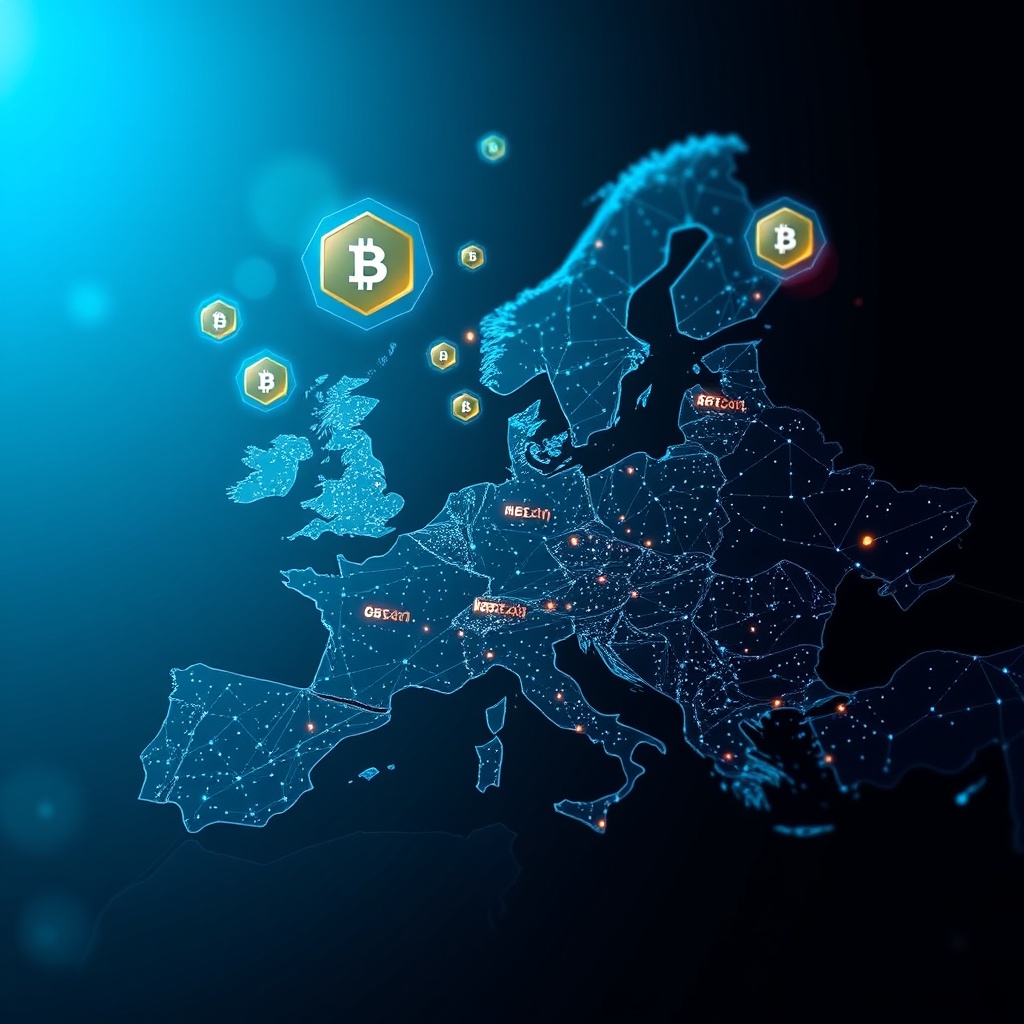 Futuristic blockchain technology visualization with digital assets floating above a map of Europe, representing the future of digital asset custody and innovation.