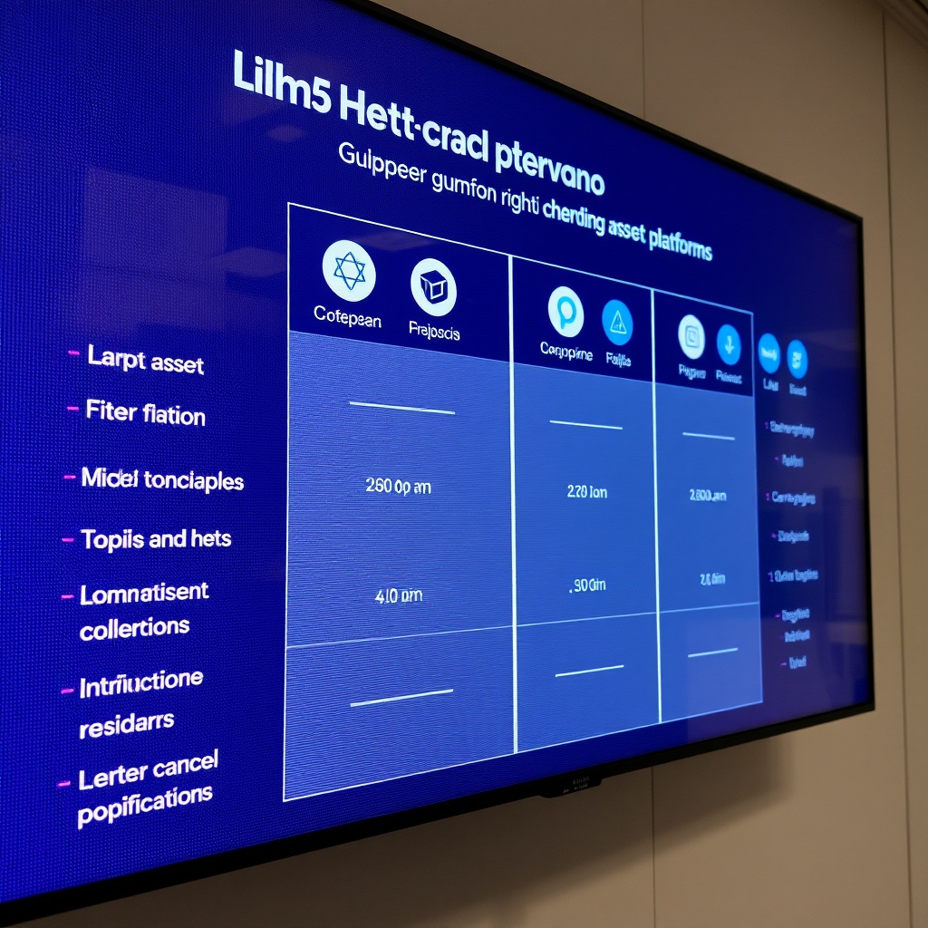 A comparison chart on a digital screen with icons representing different digital asset platforms, highlighting the process of choosing the right platform in Europe.