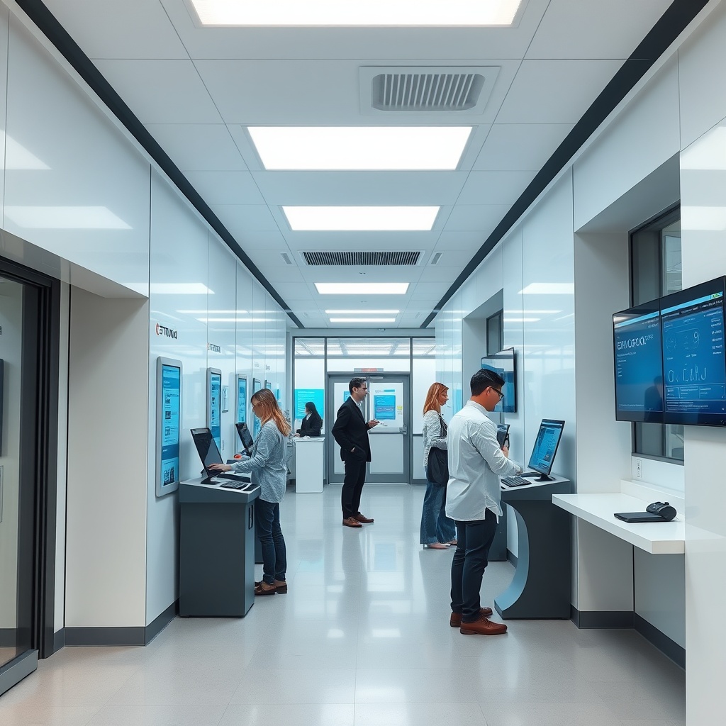 A modern, efficient public service office in Estonia showcasing AI integration, with citizens interacting seamlessly with digital kiosks and government employees monitoring AI-driven dashboards.