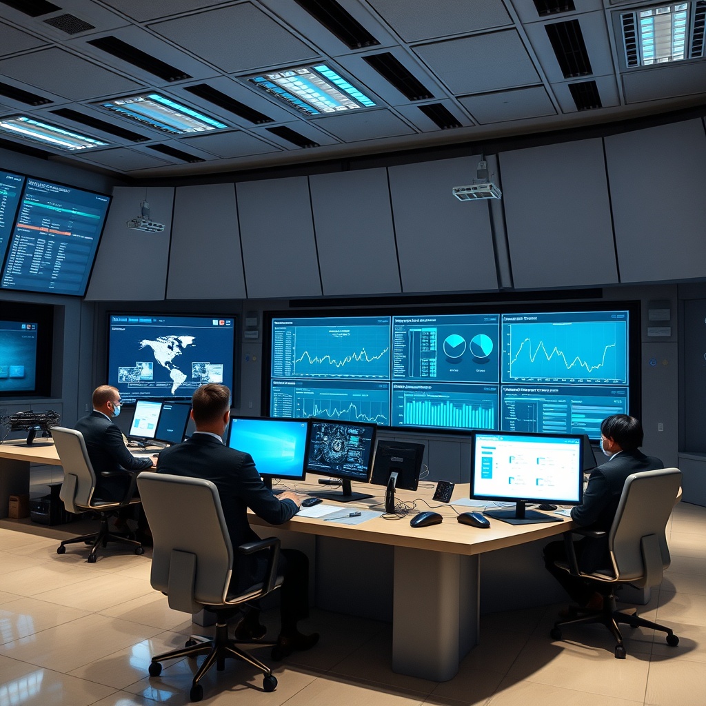A futuristic control room in Estonia, where officials use advanced AI predictive analytics and autonomous systems for public administration and policy making, displayed on large digital screens.