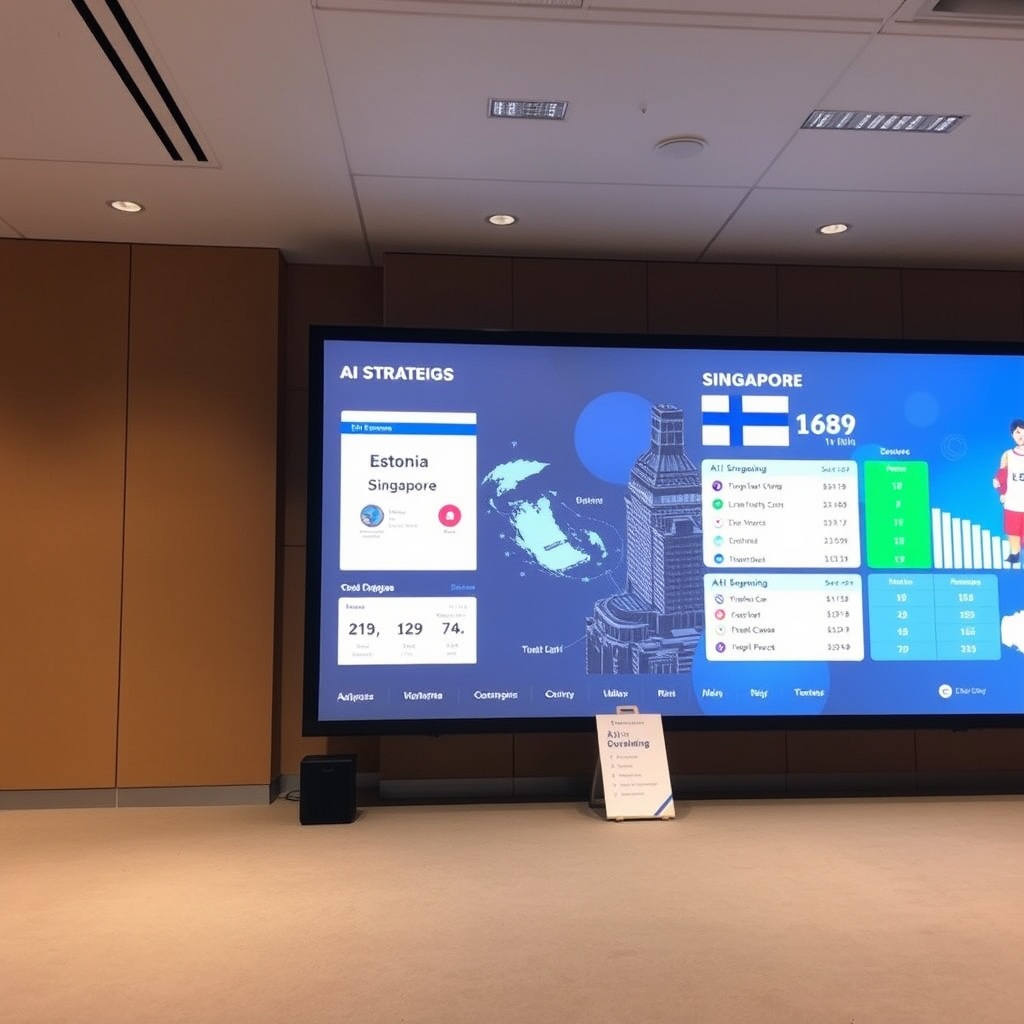 A comparative analysis setup showing Estonia's digital governance model alongside Finland and Singapore, with digital screens displaying AI strategies and global rankings.