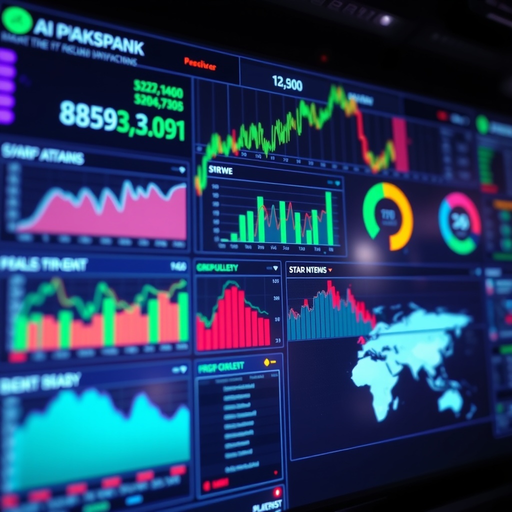 A high-tech stock market dashboard with AI analytics enhancing market efficiency, featuring real-time data visualization and predictive analytics indicators.