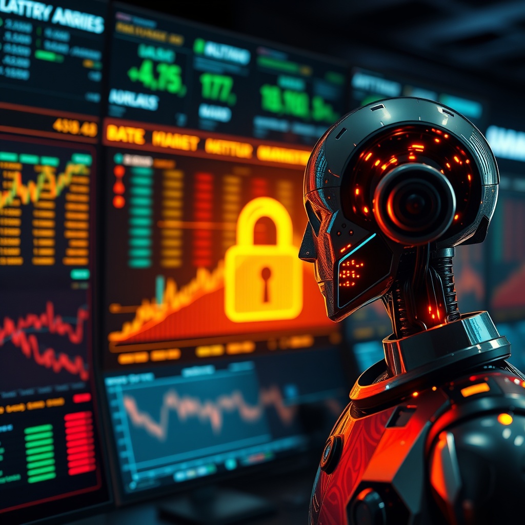 A futuristic AI system detecting fraudulent activities in capital markets, with a focus on security and real-time monitoring on digital screens.