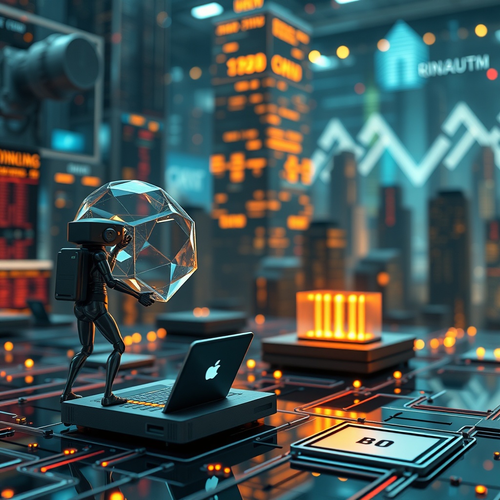 A visionary scene of quantum computing and autonomous financial agents shaping the future of capital markets, with a backdrop of digital innovation.