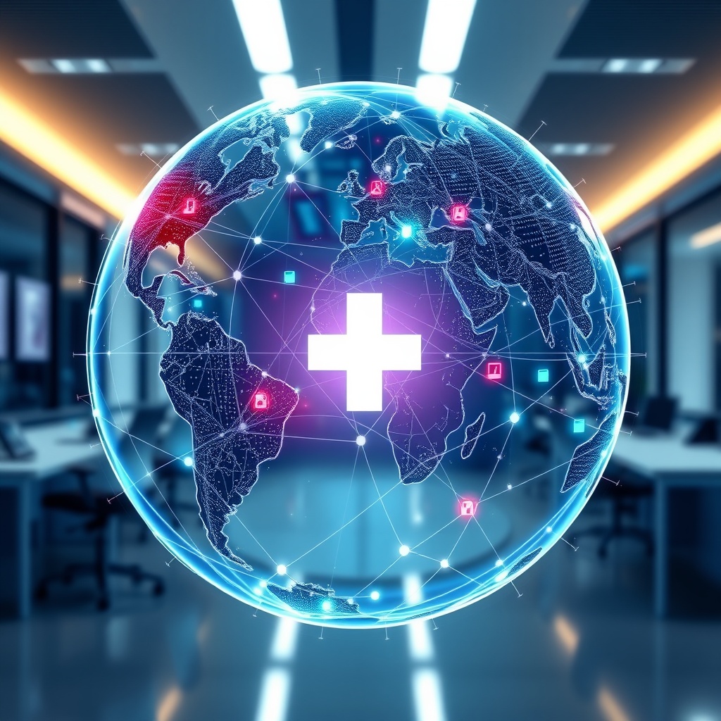 A futuristic globe with highlighted connections between Switzerland and other countries, symbolizing cross-border AI competitiveness and collaboration, set against a sleek, modern office background.