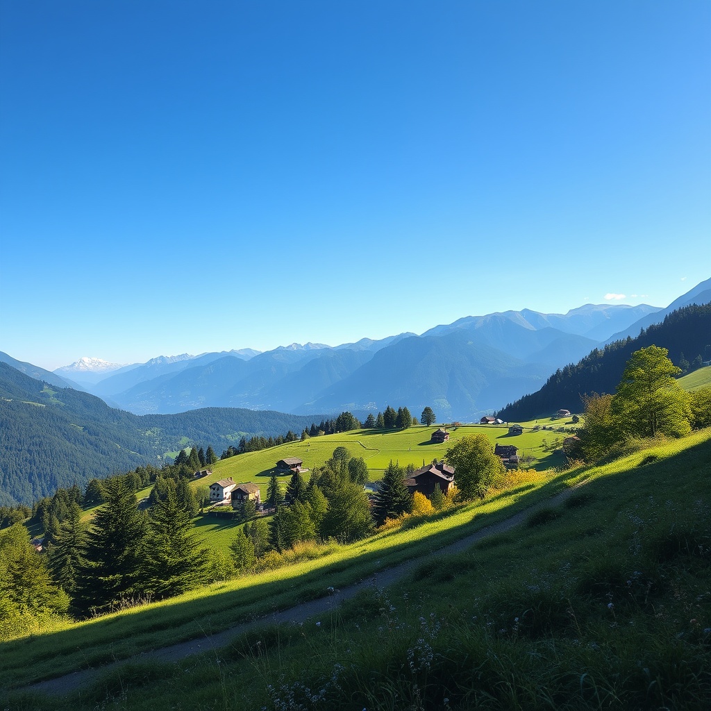 A serene Swiss landscape with AI-driven environmental technology, illustrating the intersection of AI and sustainability in Switzerland, under a clear blue sky.
