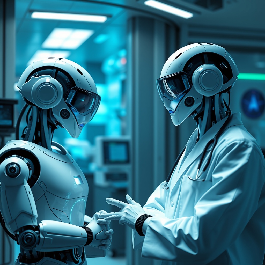 A futuristic healthcare setting with AI robots assisting doctors, symbolizing the revolution in healthcare and biotechnology through AI VC funding.