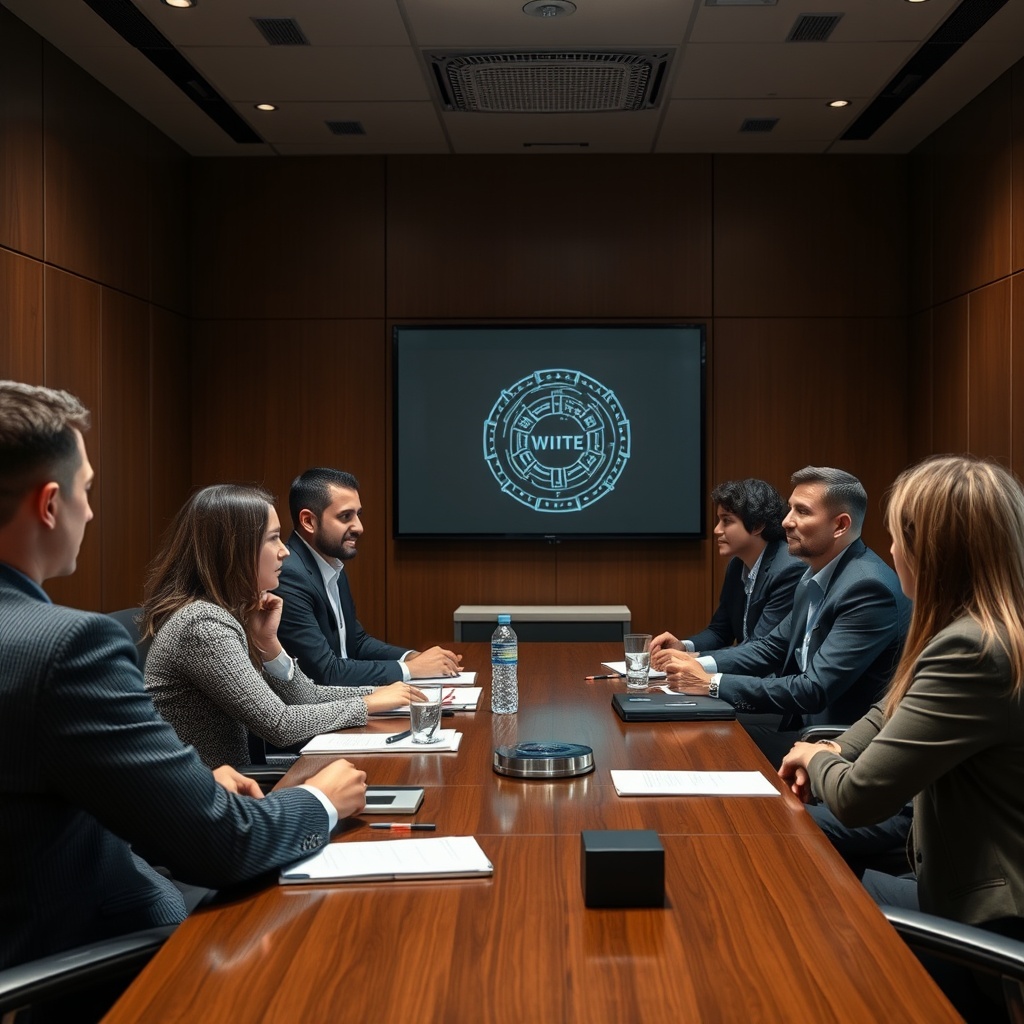 A diverse group of professionals in a boardroom discussing ethical AI development, representing the balance between profit and ethical considerations in AI funding.