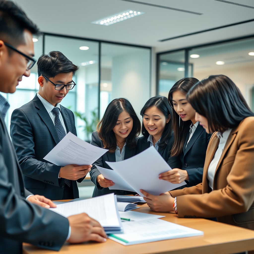 A professional stock photo of a diverse group of Asian business professionals discussing sustainable finance documents in a modern office setting, symbolizing the implementation of SFDR compliance strategies in Asia.