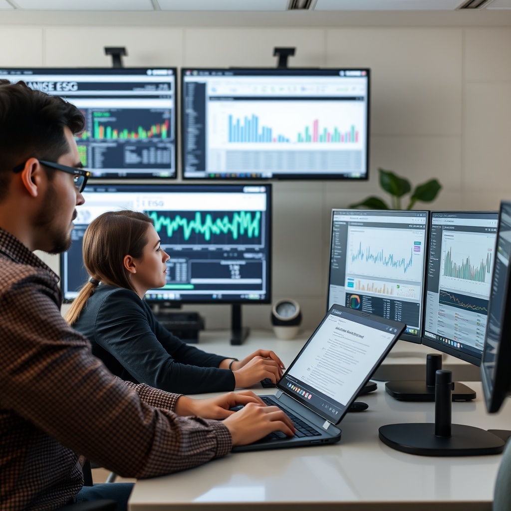 A high-quality stock image showcasing a team of analysts using advanced software tools to manage and analyze ESG data on multiple screens, highlighting effective data management practices for ESG compliance.