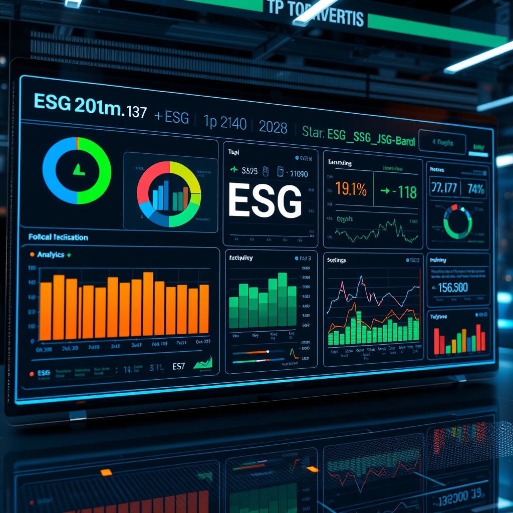 A professional stock photo depicting a futuristic digital dashboard displaying ESG metrics and analytics, representing the role of technology in ESG compliance and digital transformation in fund management.