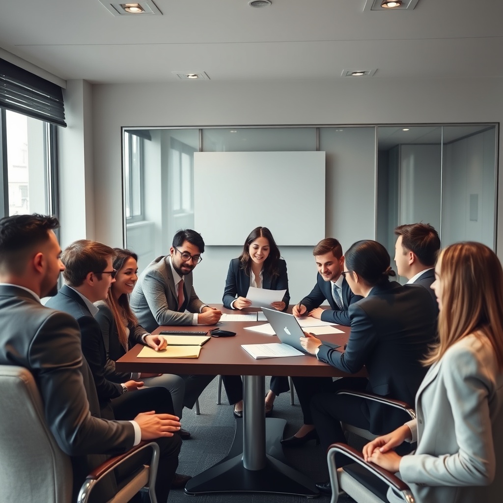 A high-quality stock image showing a diverse group of professionals in a meeting room discussing legal documents, representing the identification and overcoming of legal challenges in cross-border marketing.