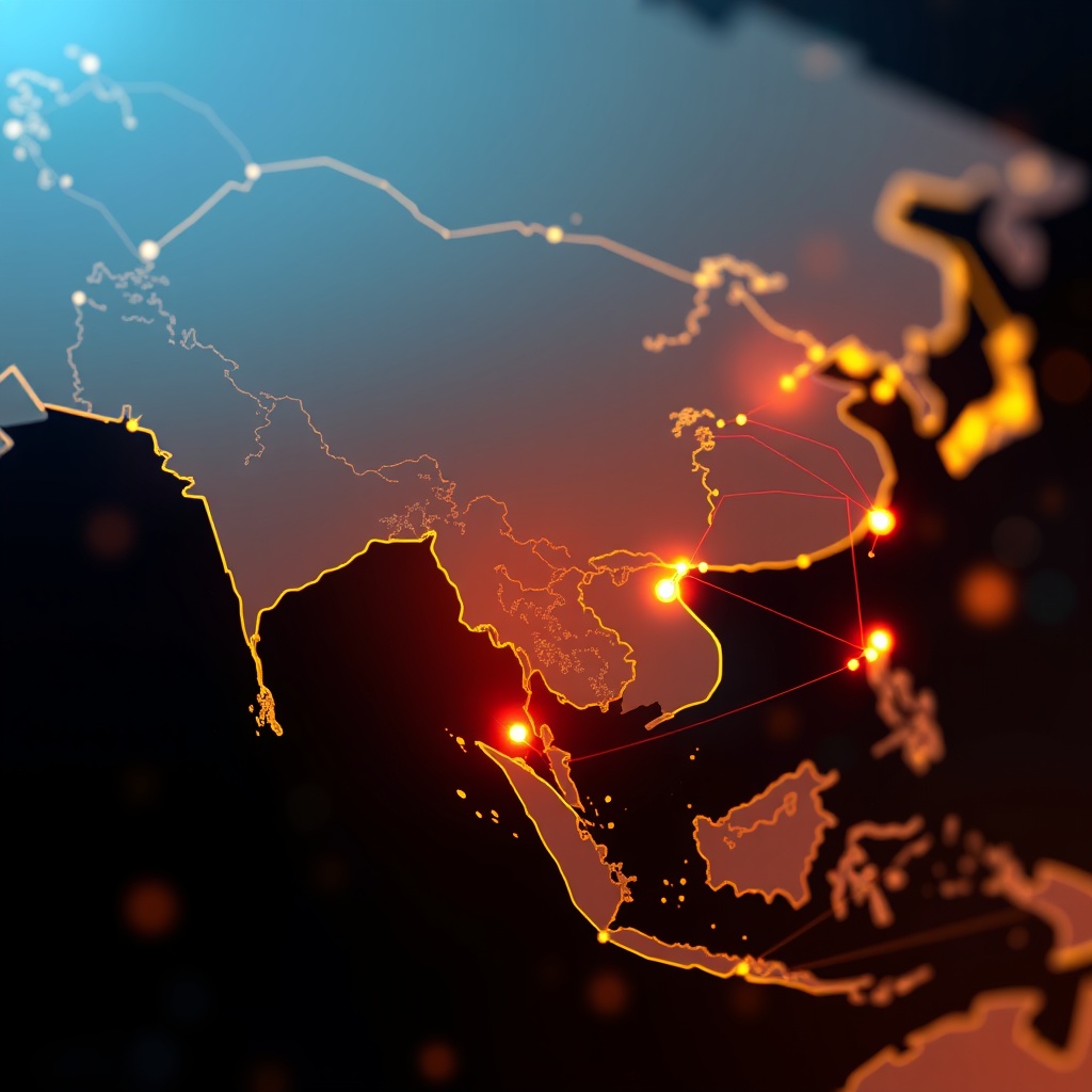 A dynamic image showing a global map with highlighted Asian regions, symbolizing global expansion strategies for Asian FinTech firms, with digital connections representing international partnerships and market entry.