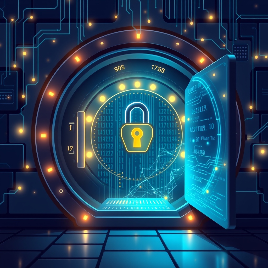 An illustrative image of a secure digital vault with glowing data streams, representing the role of big data in FinTech, focusing on personalized services and data protection.
