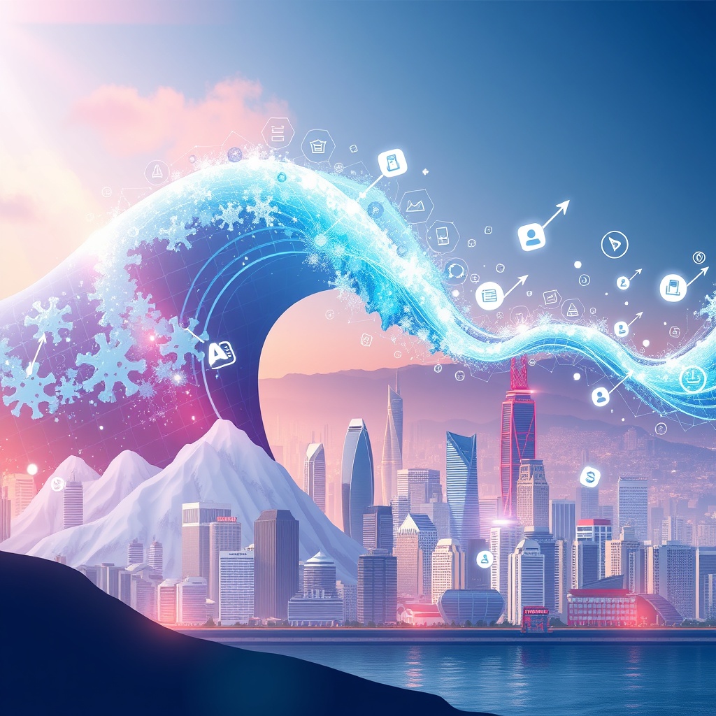 A conceptual image depicting a digital transformation wave over an Asian cityscape, symbolizing the accelerated changes in FinTech due to COVID-19, with digital icons like mobile payments and online banking.