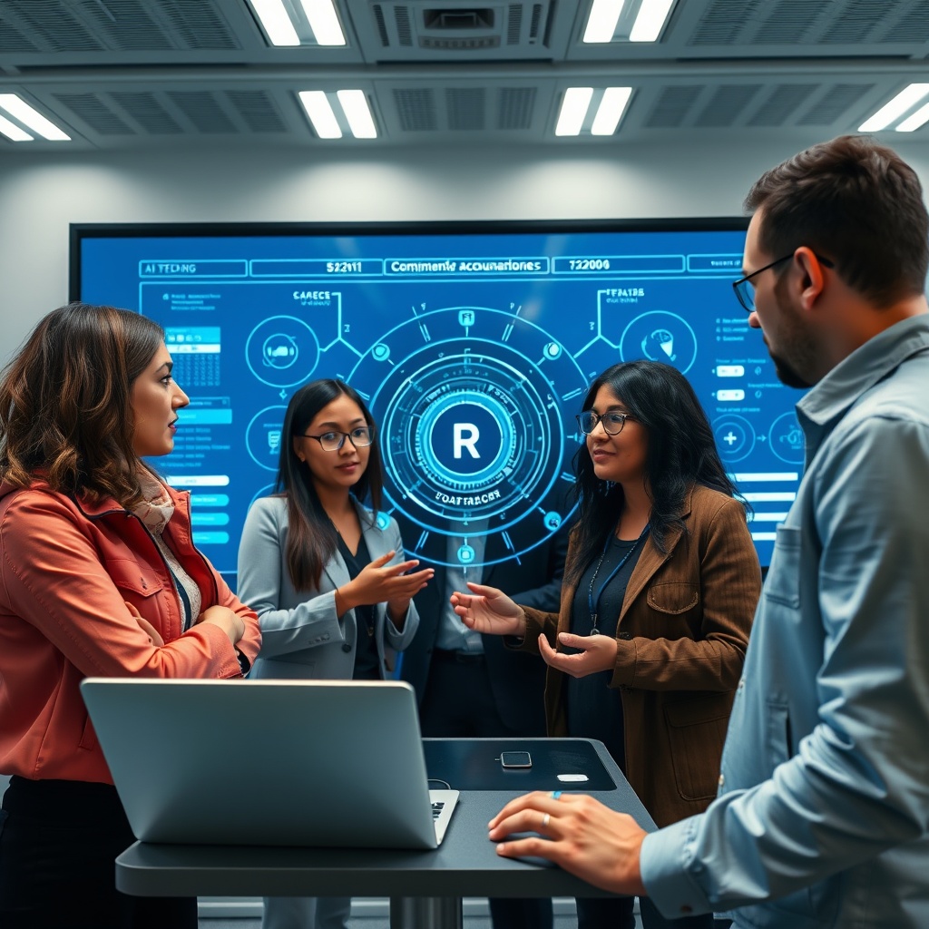 A professional stock photo of a diverse team of experts discussing accountability measures around a modern AI interface, symbolizing the implementation of effective accountability in AI systems.