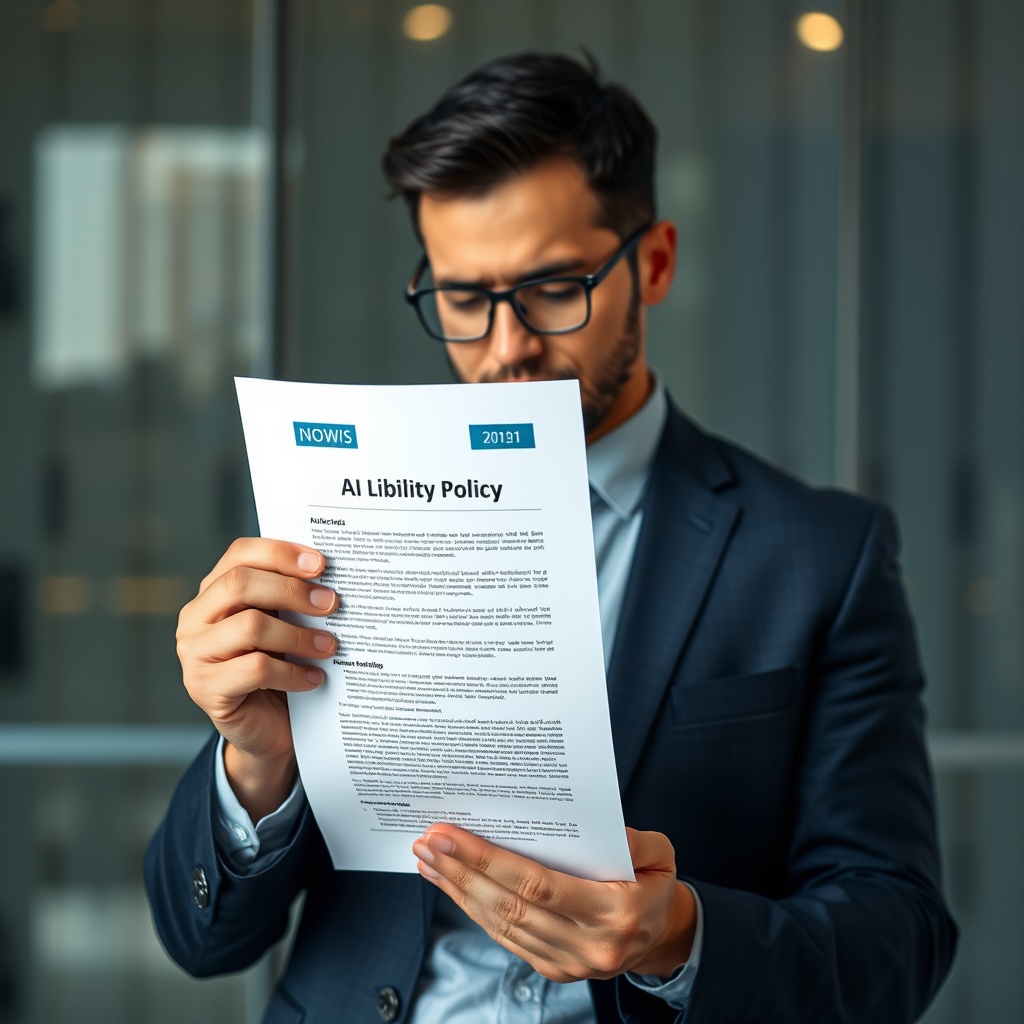 A professional stock photo showing a businessman reviewing an AI liability insurance policy document, representing the market and need for AI liability coverage.