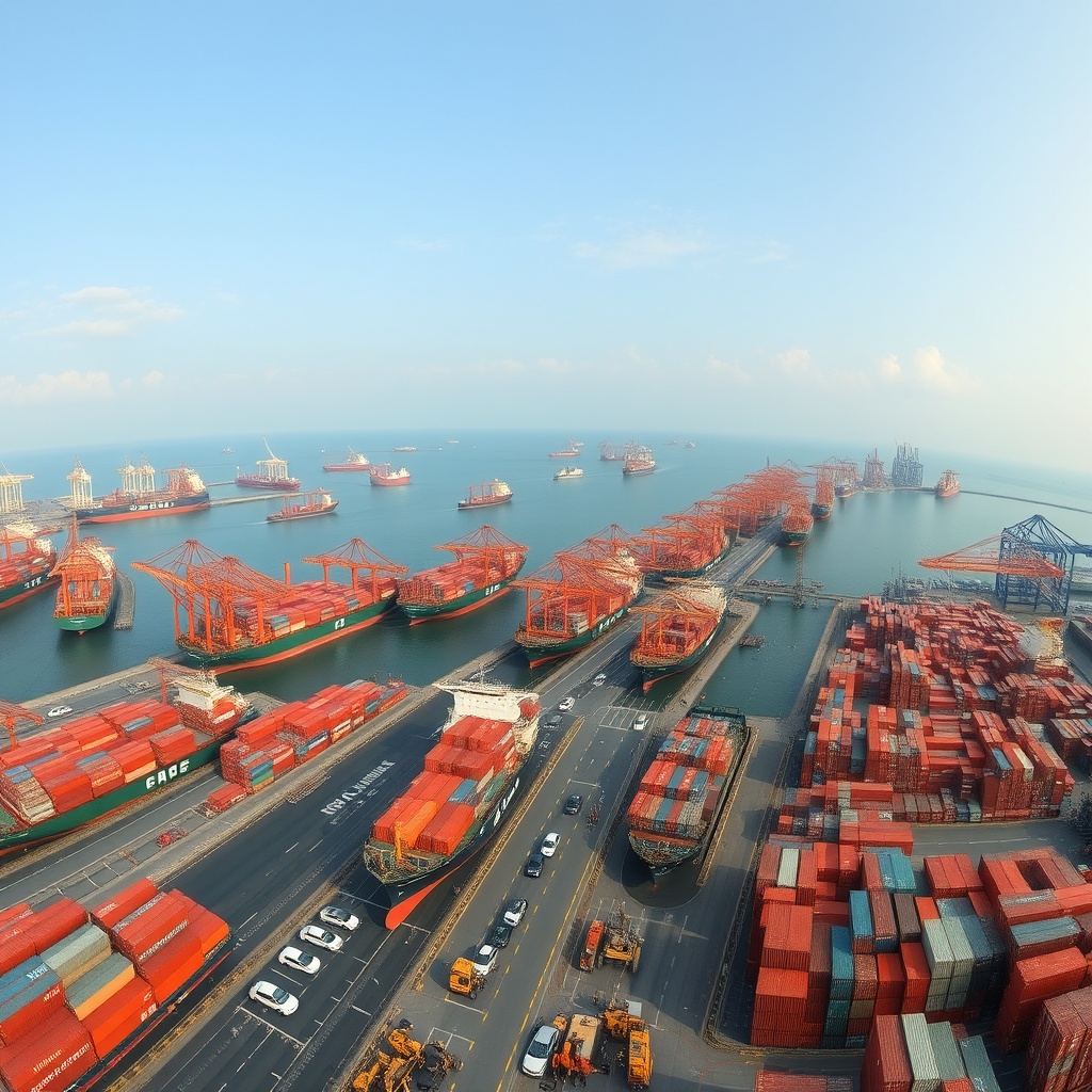 A panoramic view of a bustling Asian port with cargo ships and containers, highlighting the impact of global trade on shipping finance.