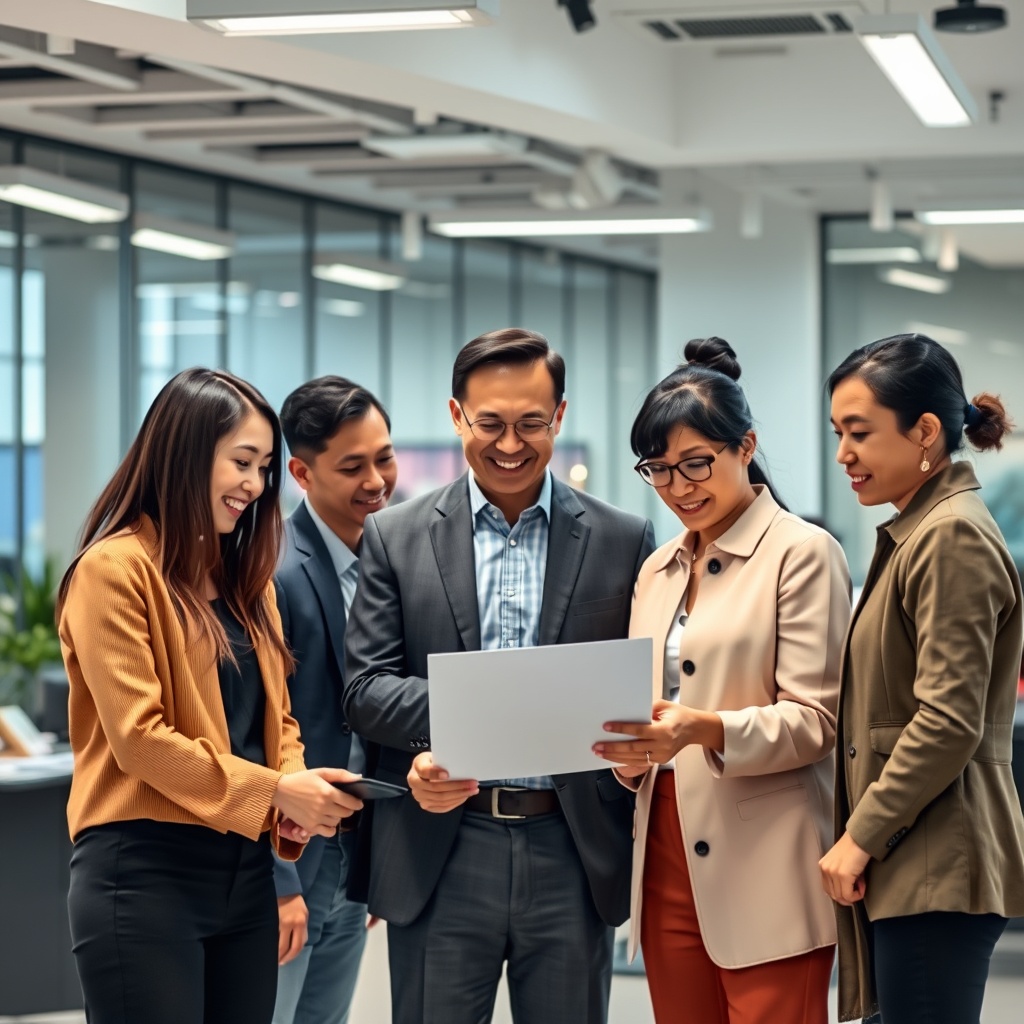 A diverse group of professionals from around the world collaborating on a high-tech project in a modern office, symbolizing global competition for AI talent.