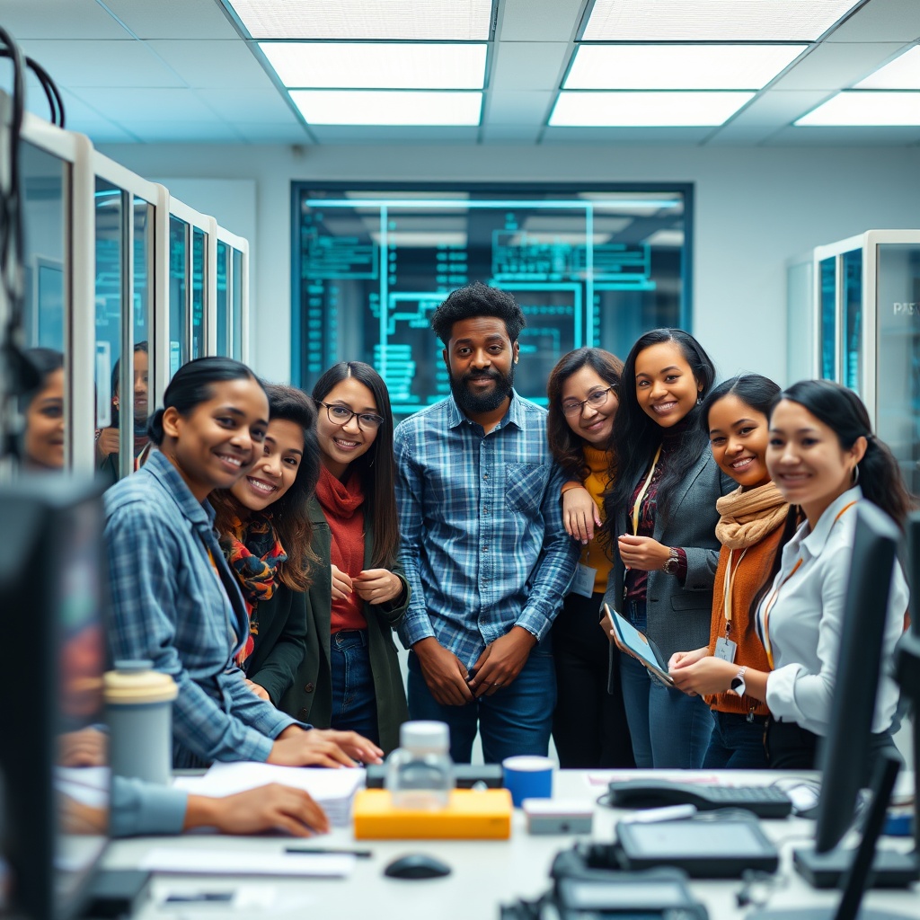A diverse team of AI professionals working together in a high-tech lab, highlighting the importance of diversity in strengthening AI talent.